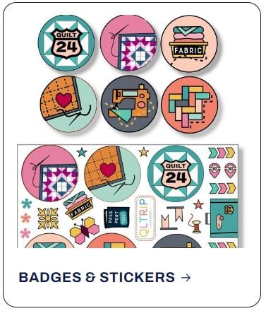 A collection of quilt-themed round badges and sticker sheets featuring illustrations of sewing machines, fabric stacks, and quilt blocks perfect for decorating planners.