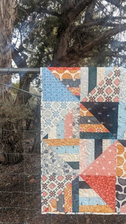 Jelly Roll + Layer Cake Quilt – Mix, Match & Sew It Up 6 A Jelly Roll patchwork quilt featuring various patterned fabrics in shades of blue, orange, pink, and black, hanging over a wire fence in front of a tree.