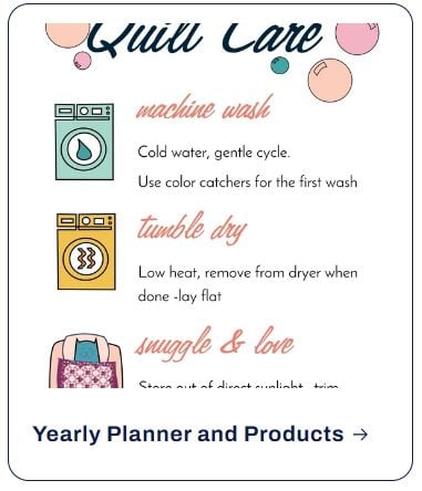 Infographic titled Quill Care with laundry instructions: machine wash in cold water, tumble dry low, plus tips to snuggle and store out of direct sunlight. A helpful guide for those who use our patterns in their shop planners.