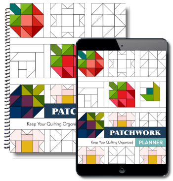 A spiral-bound patchwork quilting planner and a tablet displaying the same "PATCHWORK PLANNER: Keep Your Quilting Organized" cover, both with colorful geometric quilt block designs&mdash;perfect to Start Here on your quilting journey.